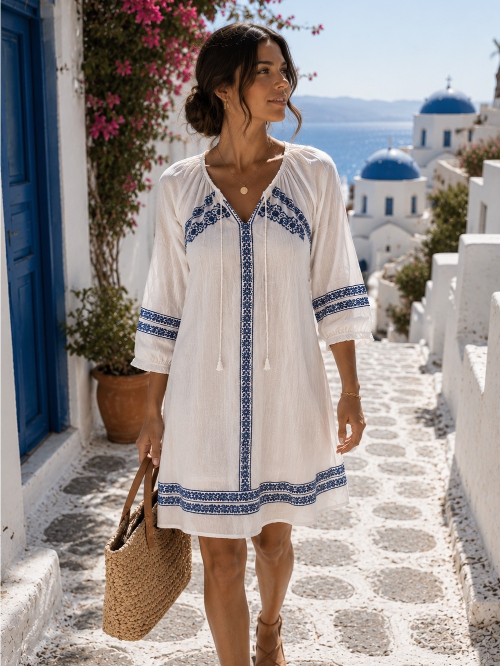 Gibson Latimer White Dress with Blue Embroidery
